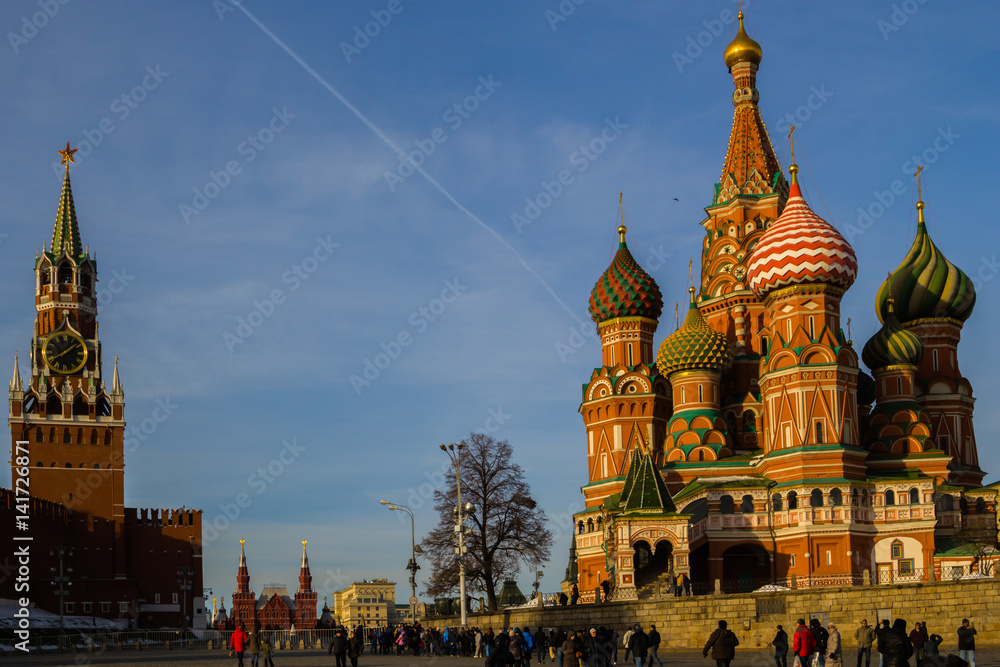 The view from the Moscow river bridge on the St. Basil's Cathedral and Red square.