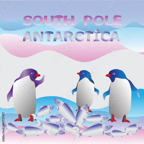 Penguins. South pole. Antarctica. Cute penguins with a good catch of fish. Vector image for children's books, Christmas cards or travel poster.