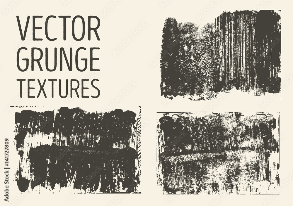 Monochrome abstract vector grunge textures. Set of hand drawn brush strokes and stains.