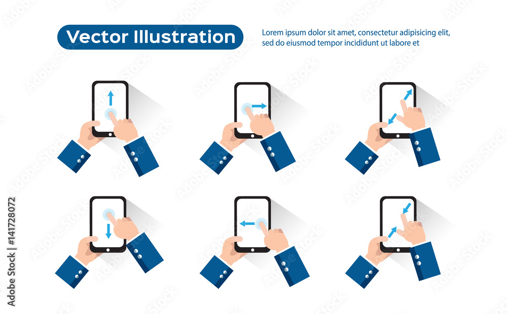 Set of flat hand icons showing used touch screen gesture for tablets or smart phones 
