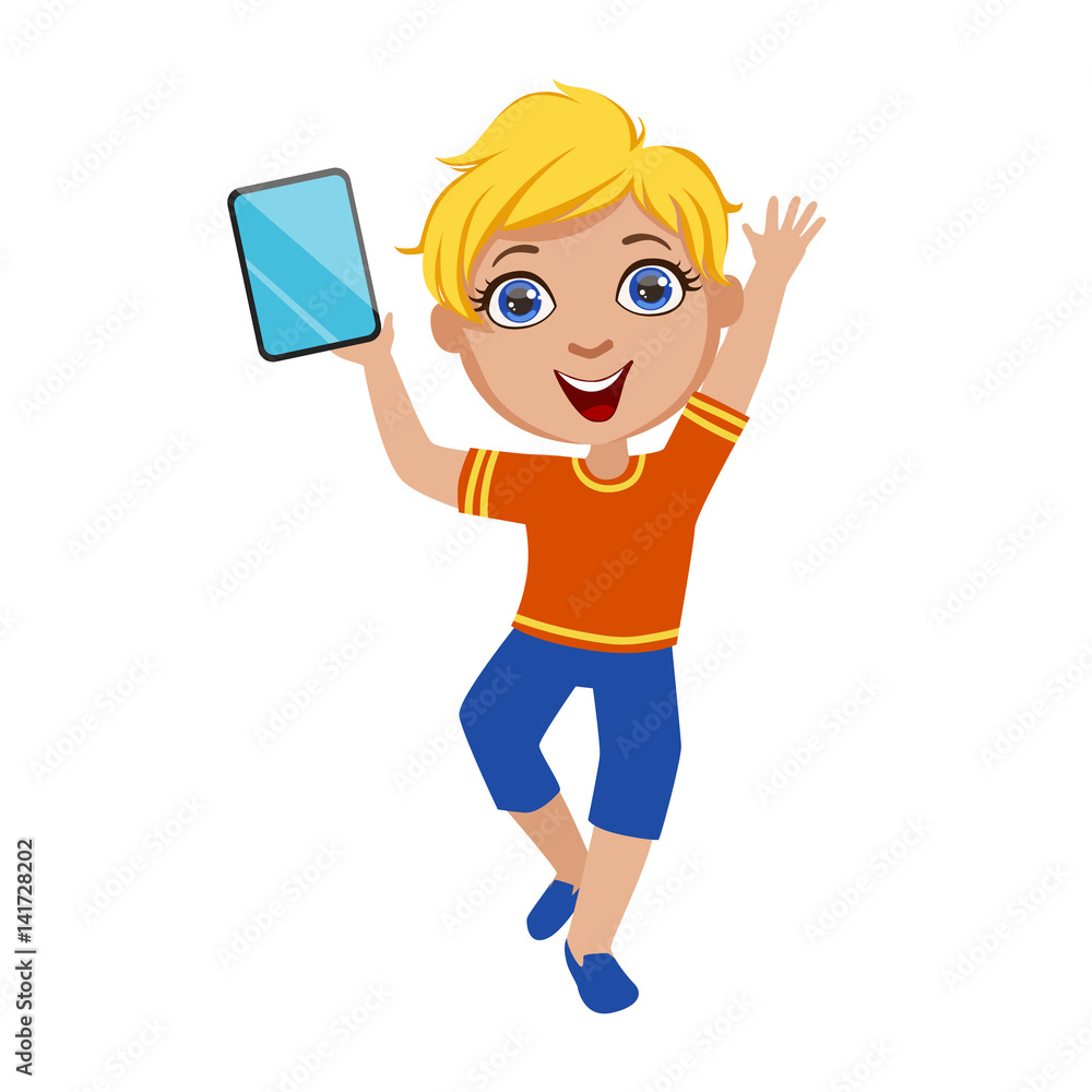 Boy Dancing Holding Tablet, Part Of Kids And Modern Gadgets Series Of Vector Illustrations Boy Dancing Holding Tablet, Part Of Kids And Modern Gadgets Series Of Vector Illustrations