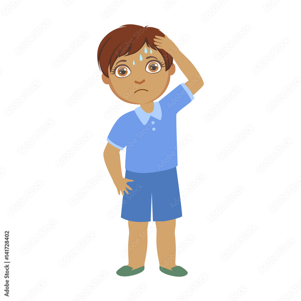 Boy With A Headache,Sick Kid Feeling Unwell Because Of The Sickness, Part Of Children And Health Problems Series Of Illustrations