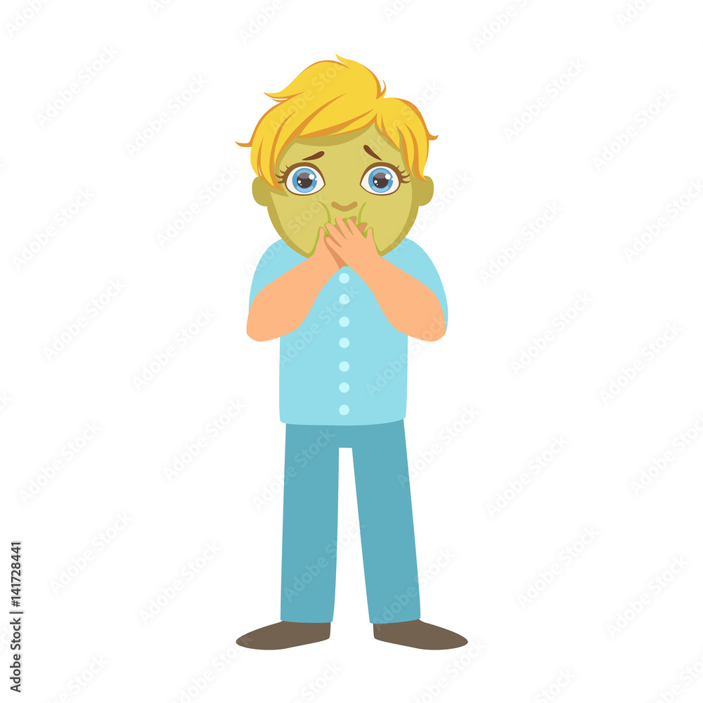 Nauseous Boy With Green Face,Sick Kid Feeling Unwell Because Of The Sickness, Part Of Children And Health Problems Series Of Illustrations Nauseous Boy With Green Face,Sick Kid Feeling Unwell Because Of The Sickness, Part Of Children And Health Problems Series Of Illustrations