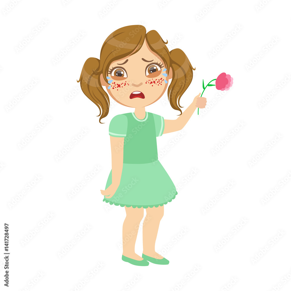 Girl With Allergy On Flowers,Sick Kid Feeling Unwell Because Of The Sickness, Part Of Children And Health Problems Series Of Illustrations Girl With Allergy On Flowers,Sick Kid Feeling Unwell Because Of The Sickness, Part Of Children And Health Problems Series Of Illustrations