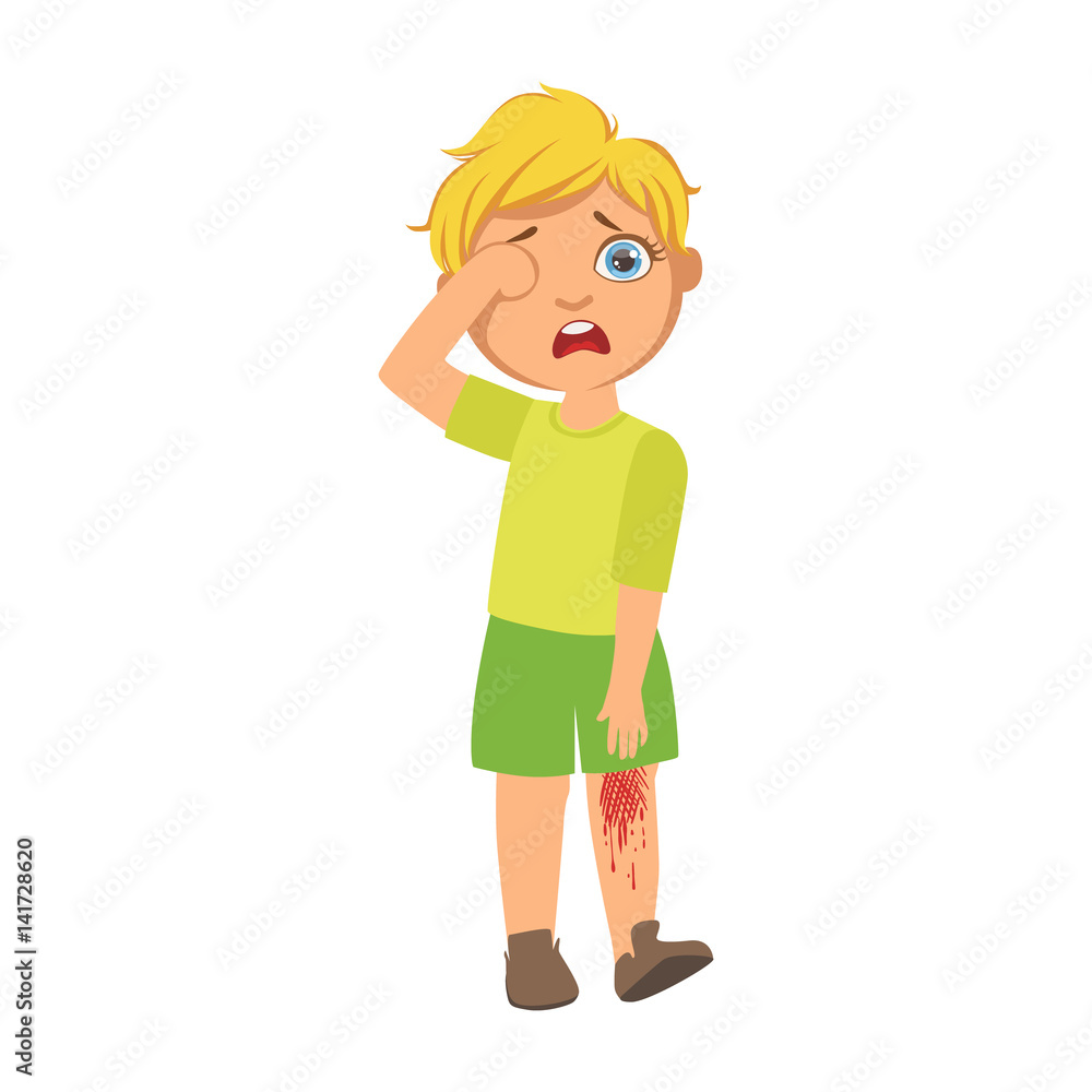 Boy With Bleeding Scratched Knee,Sick Kid Feeling Unwell Because Of The Sickness, Part Of Children And Health Problems Series Of Illustrations Boy With Bleeding Scratched Knee,Sick Kid Feeling Unwell Because Of The Sickness, Part Of Children And Health Problems Series Of Illustrations