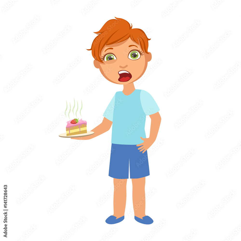 Boy With Cake Nauseous,Sick Kid Feeling Unwell Because Of The Sickness, Part Of Children And Health Problems Series Of Illustrations Boy With Cake Nauseous,Sick Kid Feeling Unwell Because Of The Sickness, Part Of Children And Health Problems Series Of Illustrations