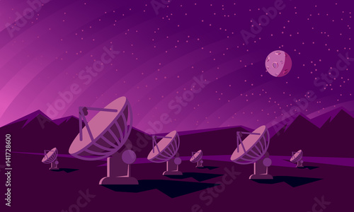 Radio telescopes track the stars at night. Flat style illustration with satellite dishes in the valley with mountains and moon on background.