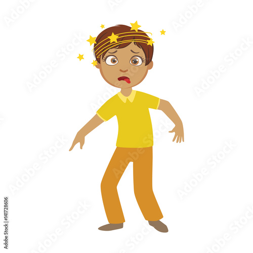 Boy And Dizziness,Sick Kid Feeling Unwell Because Of The Sickness, Part Of Children And Health Problems Series Of Illustrations