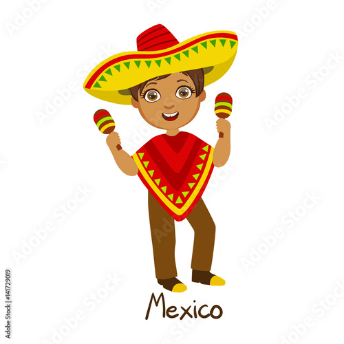 Boy In Mexico Country National Clothes, Wearing Poncho And Sombrero Traditional For The Nation