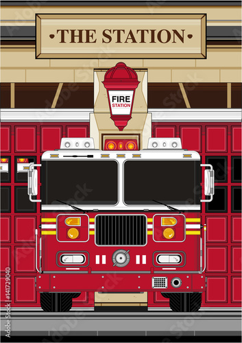Cartoon Fire Engine at the Station House