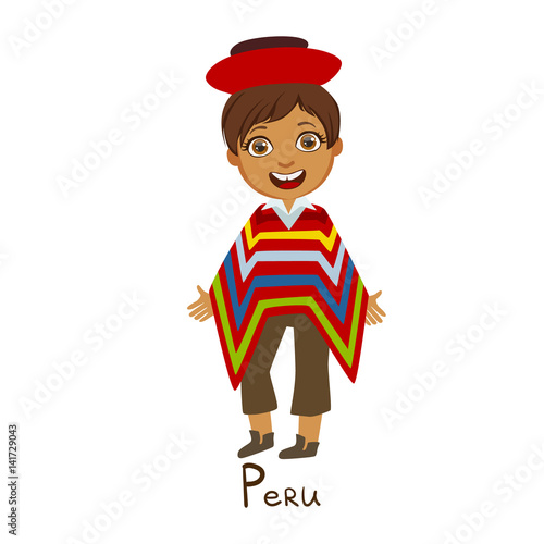 Boy In Peru Country National Clothes, Wearing Poncho Traditional For The Nation