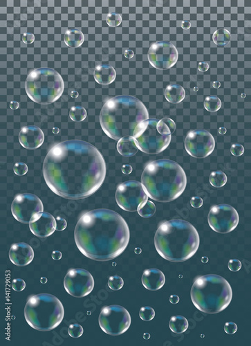 Realistic vector isolated Soap Bubbles on the black background.