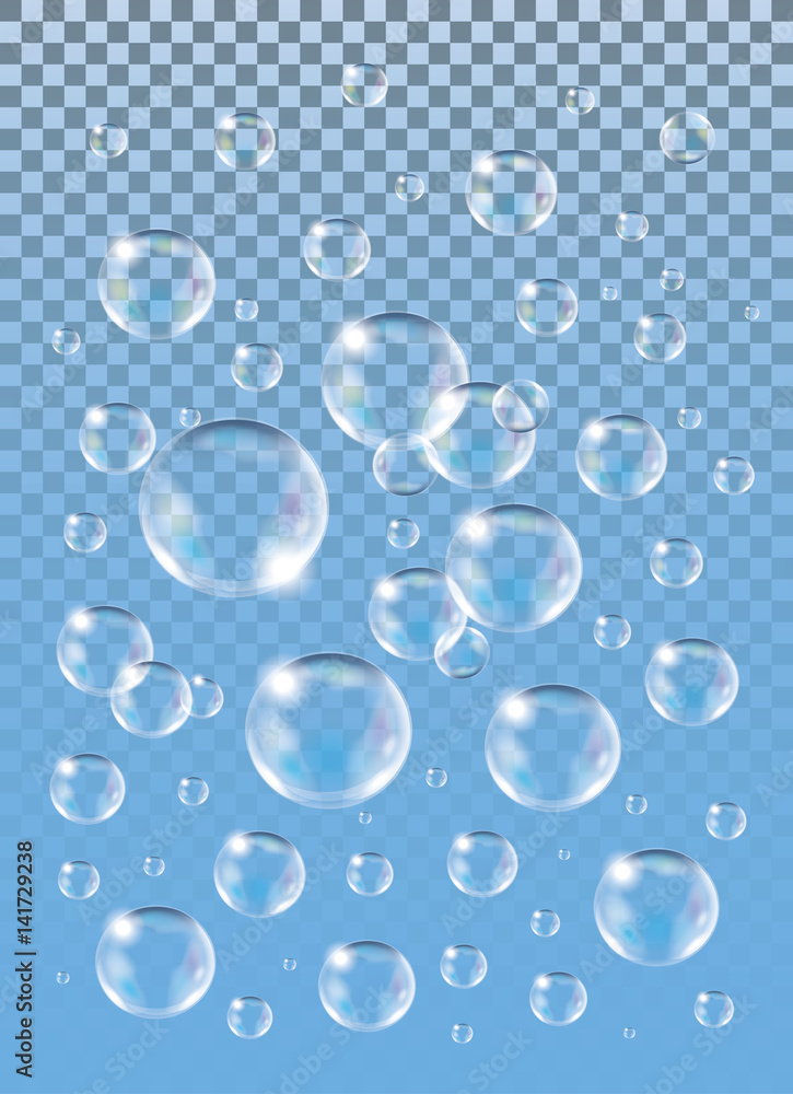 Realistic vector isolated Soap Bubbles on the blue background.