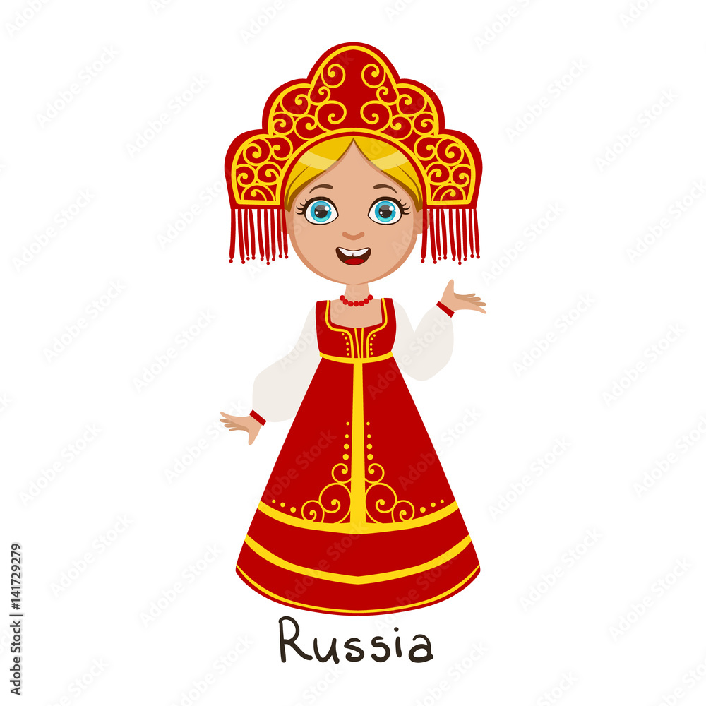 Girl In Russia Country National Clothes, Wearing Sarafan And Headdress Traditional For The Nation