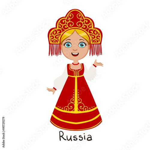 Girl In Russia Country National Clothes, Wearing Sarafan And Headdress Traditional For The Nation