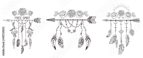 Set of hand drawn boho style design with rose flower, arrow and feathers.