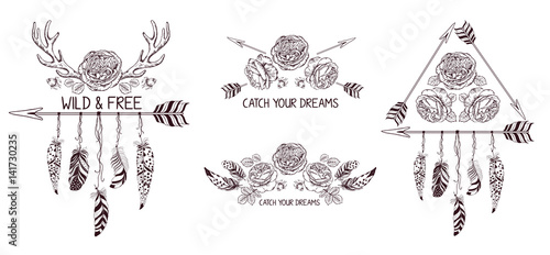 Set of hand drawn boho style design with rose flower, arrow and feathers.