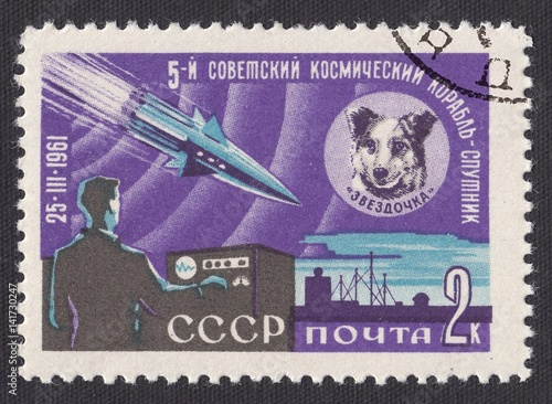 V Soviet space satellite.The dog Zvezdochka on a spaceship. Postage stamp USSR 1961