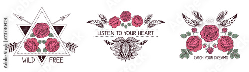 Set of hand drawn boho style design with rose flower, arrow and feathers.