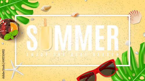 Summer beautiful background with seashells. Top view on composition with sun glasses, fresh cocktail and ice cream on sea sand. Vector illustration. Web banner of summer vacation.