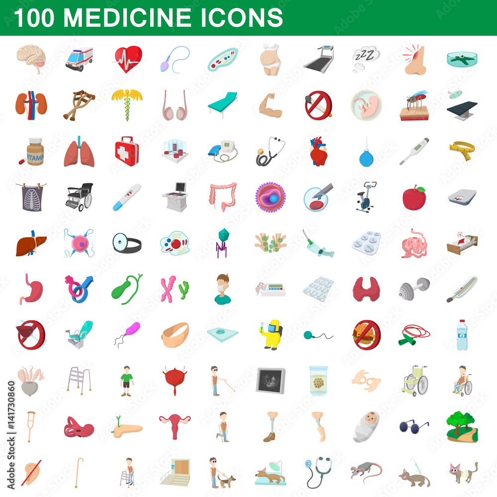 Fototapeta premium 100 medicine icons set, cartoon style