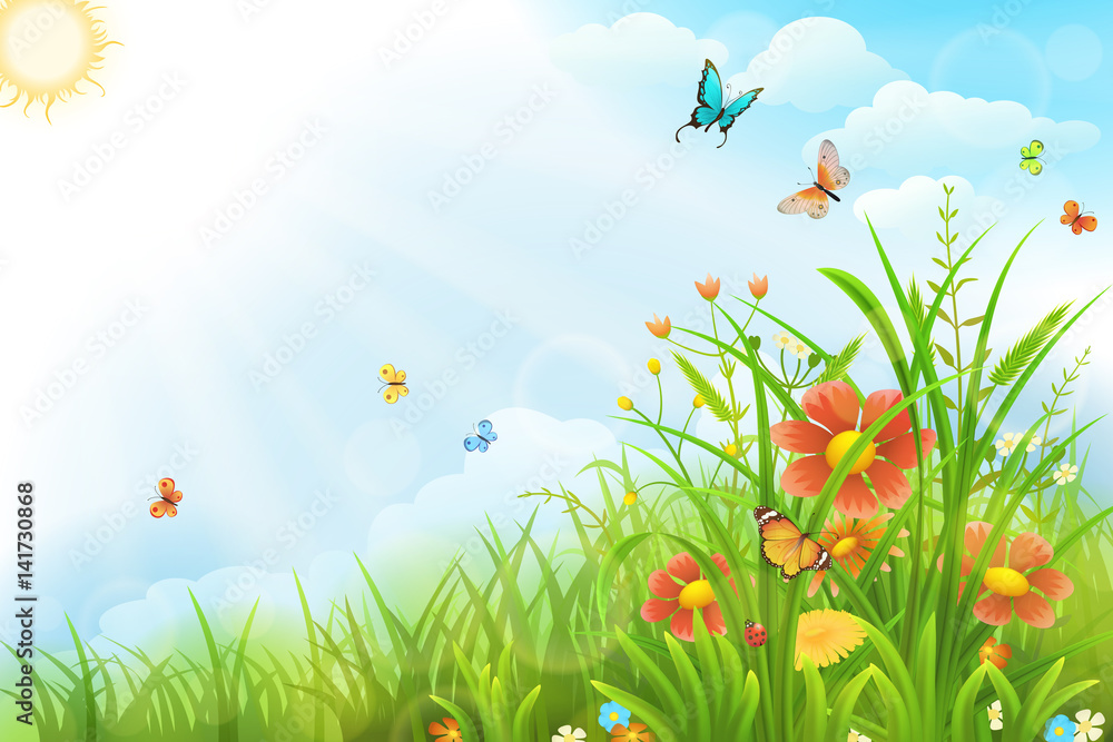 Beautiful summer background with green grass, flowers and butterflies