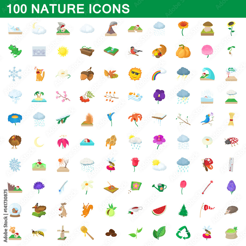 100 nature icons set, cartoon style 100 nature icons set, cartoon style