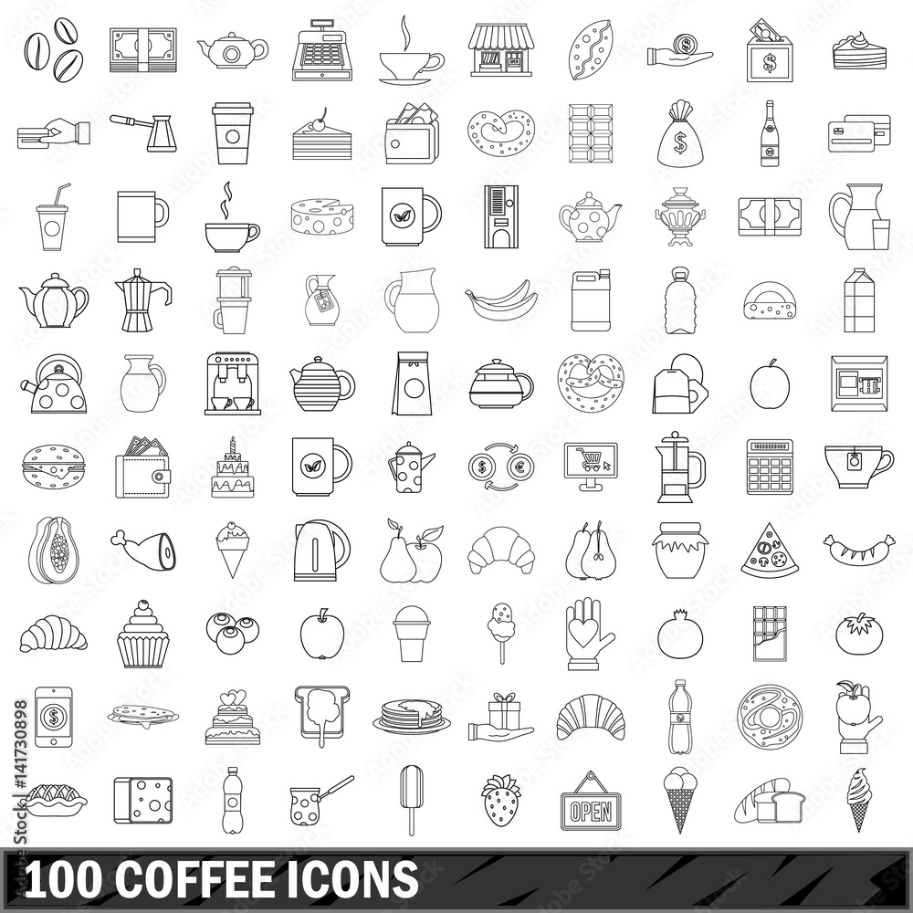100 coffee icons set, outline style 100 coffee icons set, outline style