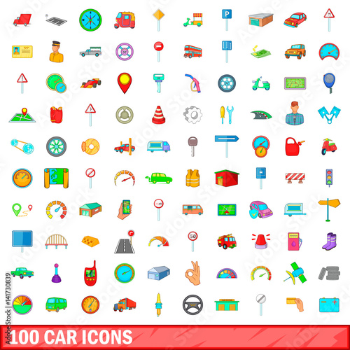 100 car icons set, cartoon style