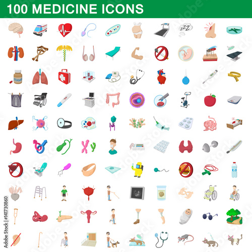 100 medicine icons set, cartoon style