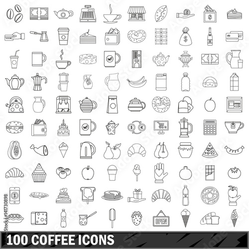 100 coffee icons set  outline style