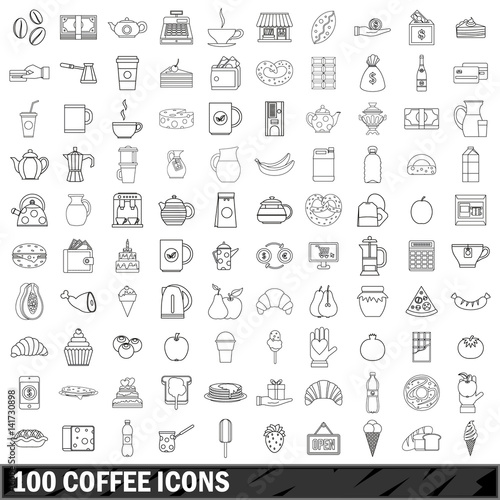 100 coffee icons set, outline style