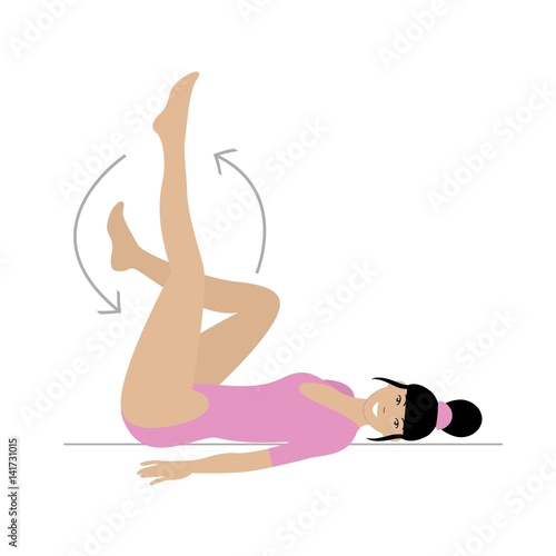 Physical exercise "Bicycle". A young woman in a pink sports swimsuit performs circular movements with her legs, lying on her back. Effective for flat stomach. Vector illustration.