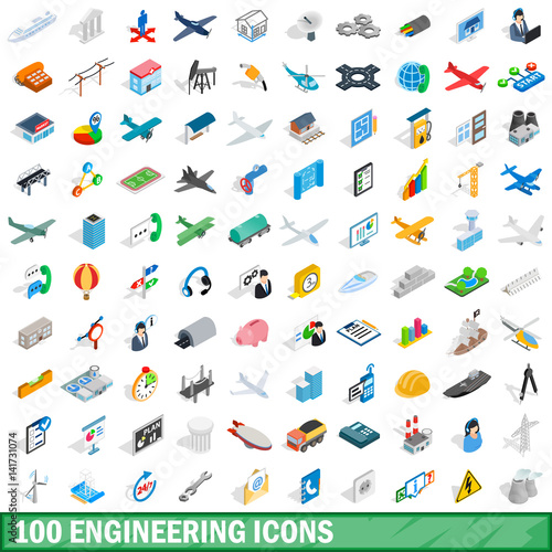 100 engineering icons set, isometric 3d style