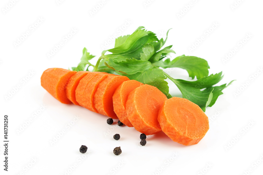 Fresh carrot with celery leaf on white background Fresh carrot with celery leaf on white background