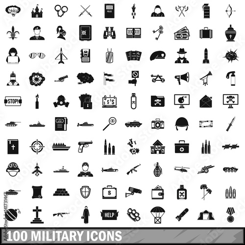 100 military icons set, simple style 