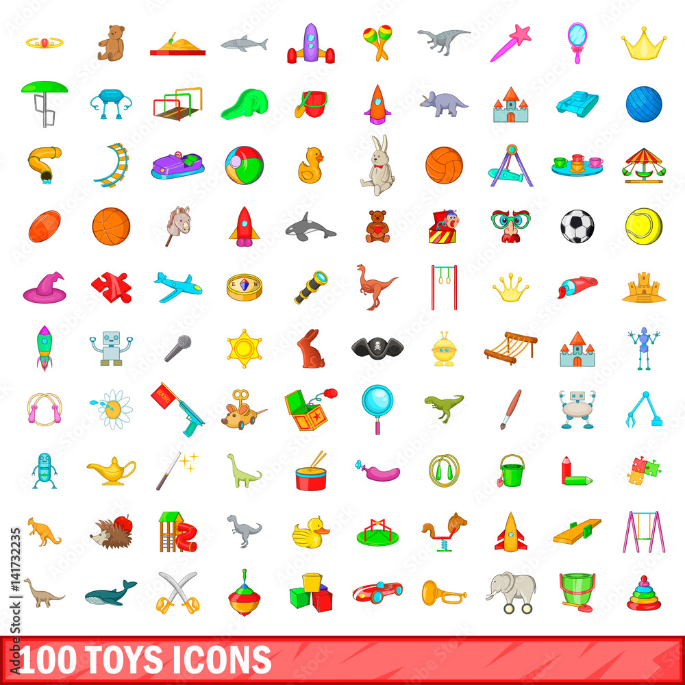 100 toys icons set, cartoon style 100 toys icons set, cartoon style