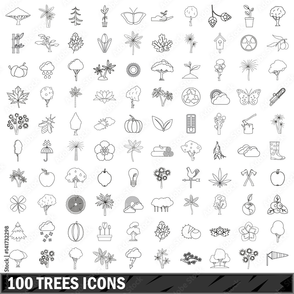 100 trees icons set, outline style 100 trees icons set, outline style