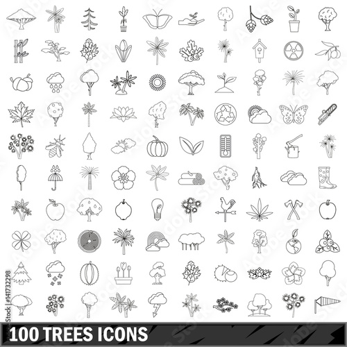 100 trees icons set  outline style
