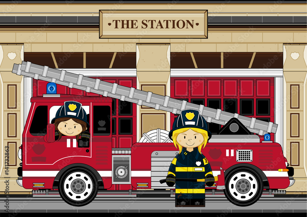 Cute Cartoon Firefighters and Fire Engine Stock Vector Adobe Stock