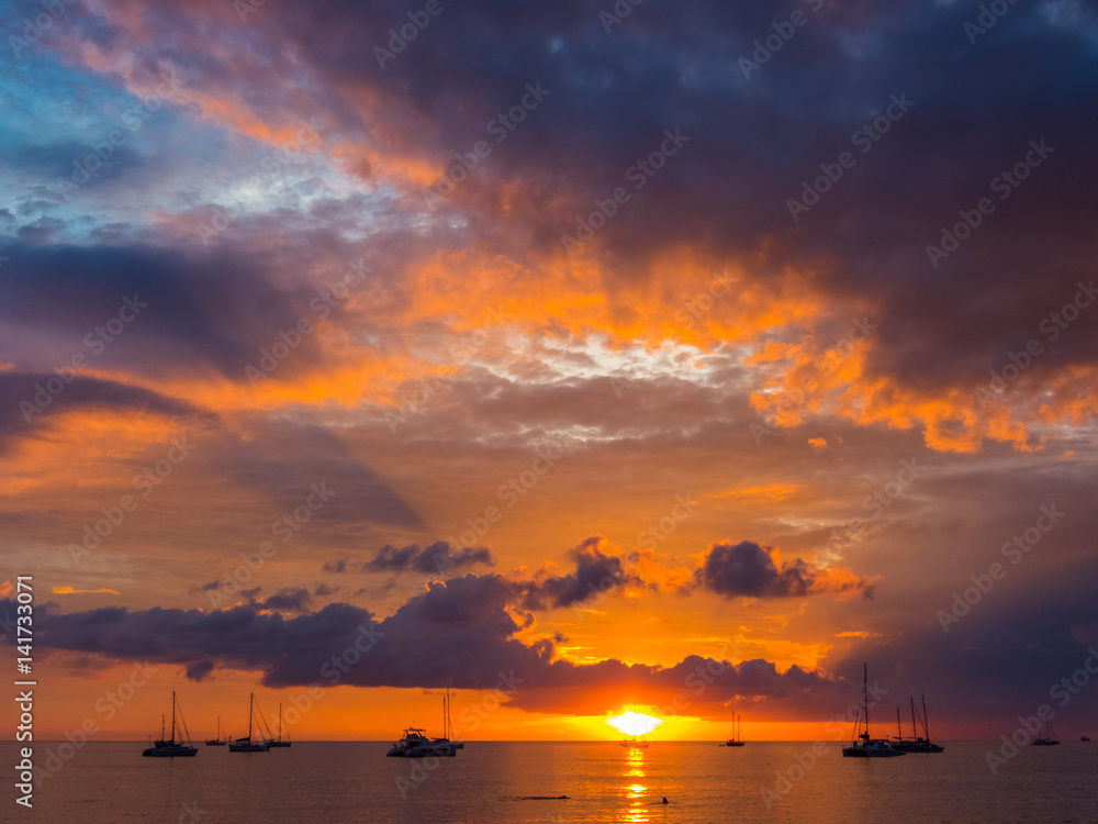 Ships on the background of beautiful sunset