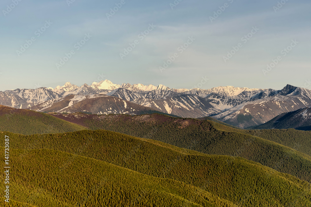 mountains snow forest slopes peaks