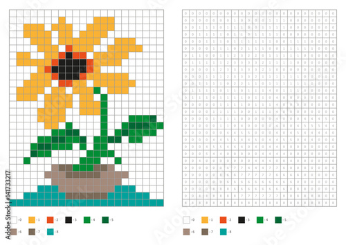 Coloring book with numbered squares. Kids coloring page, pixel coloring. Home plant in vase. Vector illustration