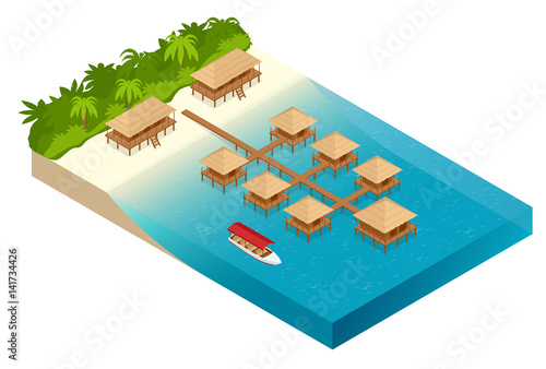 Luxury overwater thatched roof bungalow in a honeymoon vacation resort in the clear blue lagoon with a view on the tropical island. Tropical vacations. Isometric vector illustration