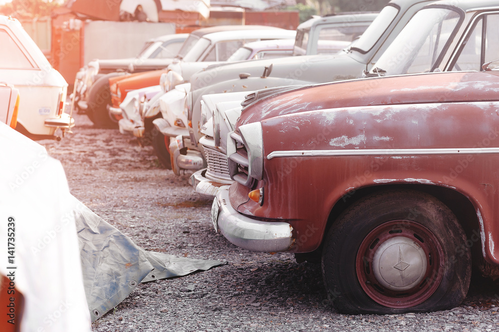 rows of cars in a salvage yard facing each other