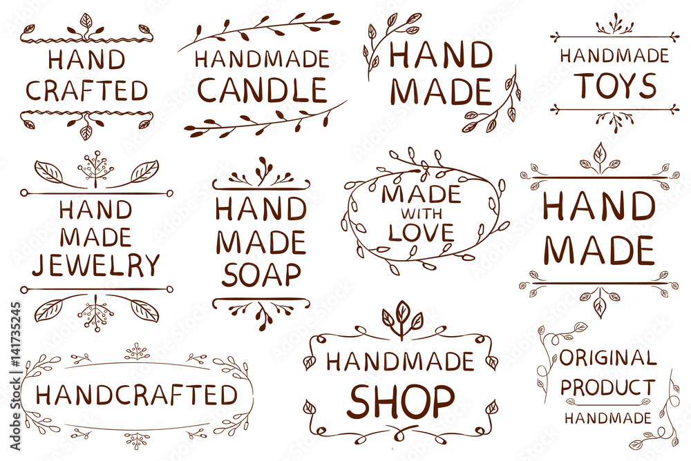 VECTOR set of handdrawn 'HAND MADE' brown tag templates