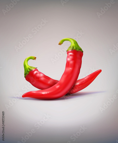 Vector two red hot chilli peppers isolated on a brown background