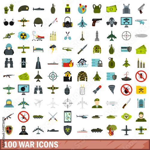 100 war icons set, flat style