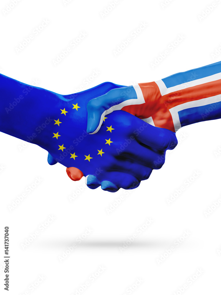 Flags European Union, Iceland countries, partnership friendship handshake concept. Flags European Union, Iceland countries, partnership friendship handshake concept.
