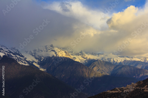 Meili snow mountain in sunrise and Mingyong glacier  at Feilai temple  Deqing  Yunnan  China